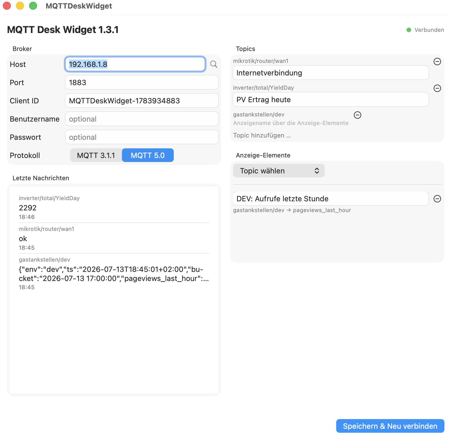 MQTT Desk Widget App-Fenster